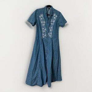 Vtg Rest  Relaxation Denim Maxi Dress Womens 8 Floral Embroidery 90s Teacher